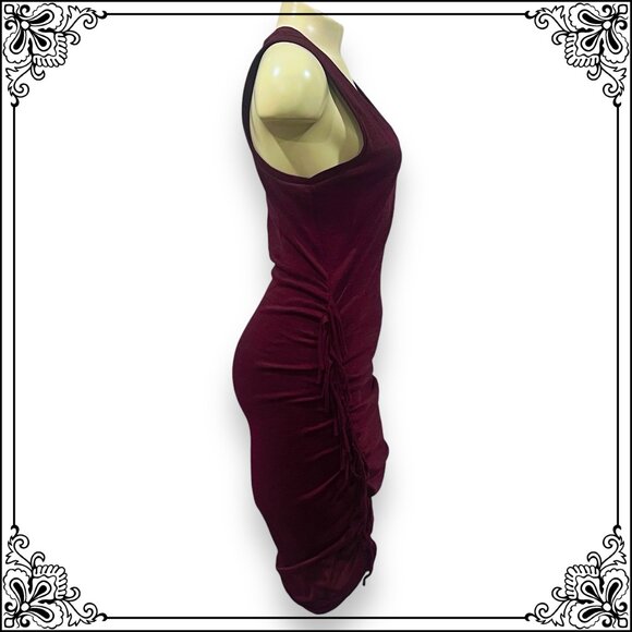 EXPRESS Heather Burgundy Bodycon Ruched Fringe V-Neck Dress - Size M - Picture 6 of 11